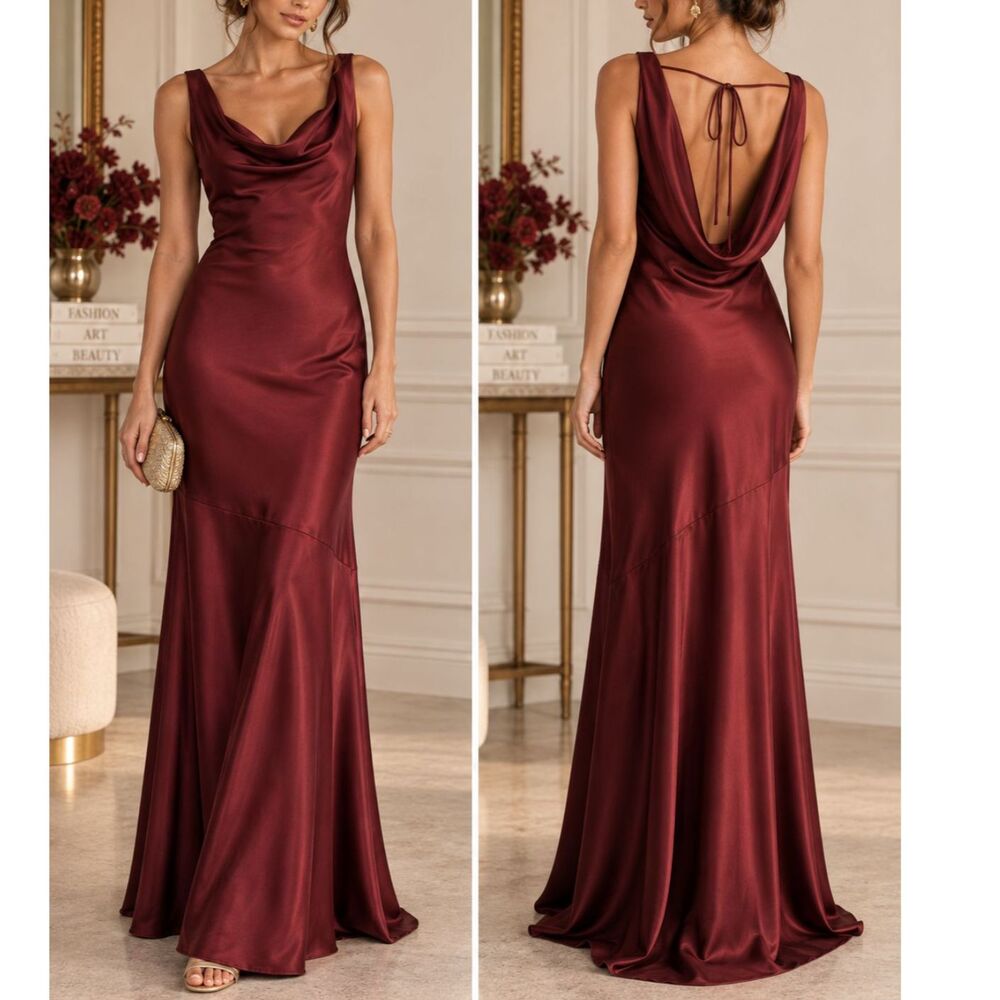 Lulu's Satin Cowl Neck Maxi Dress in Burgundy